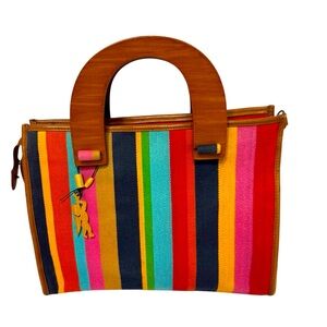 American Angel Leather-Accented Rainbow Striped Cotton Shoulder Bag Wood Handles